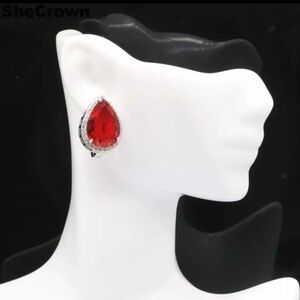 35.86ctw Huge Ruby Teardrop Silver Latchback Drop Earrings NEW